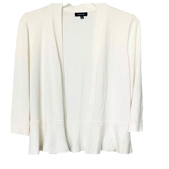 VERVE AMI OPEN- FRONT SLIGHTLY RUFFLED HEMLINE SWEATER, WOMENS-XL-IVORY, LNG SLV - Picture 1 of 12